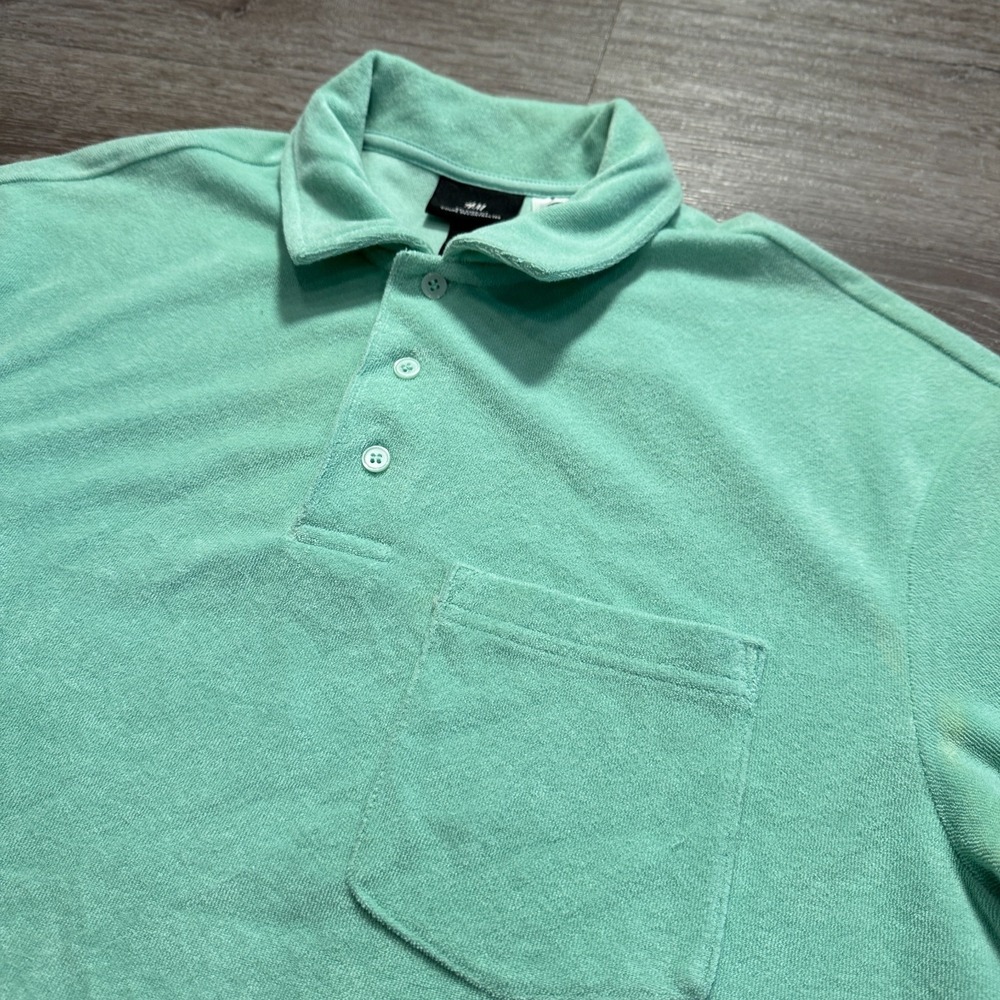 H&M Polo Shirt Mens Small Green Terry Cloth Beach Pocket Water Casual‎ Lounge